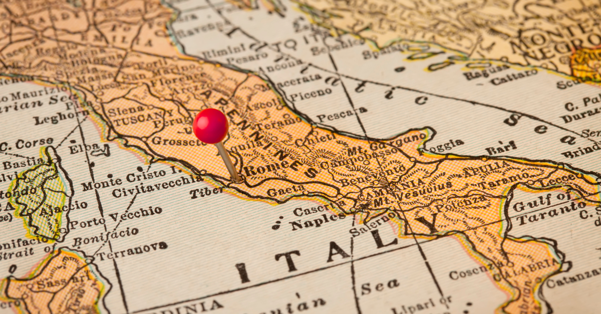 Mapa com as denominações dos vinhos da Itália.